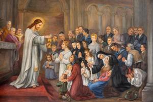 A 19th-century fresco, in Pfarrkirche Kaisermühlen, Vienna, shows Jesus giving Communion.