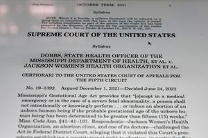 The U.S. Supreme Court decision in Dobbs v. Jackson Women's Health which was issued electronically on June 24, 2022 in Washington, DC. The Court's decision in Dobbs v Jackson Women's Health overturns the landmark 50-year-old Roe v Wade case and erases a federal right to an abortion.