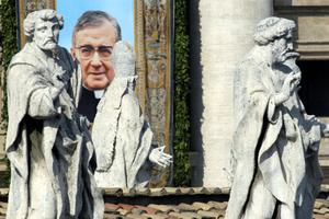 The tapestry of St. Josemaría Escrivá de Balaguer is displayed on a balcony display overlooking the altar in St. Peter's Square during his canonization ceremony on Oct. 6, 2002. More than 200,000 faithful attended the ceremony, which was presided over by Pope St. John Paul II.