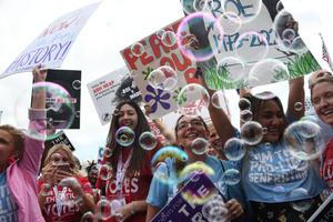 Pro-lifers celebrate outside the US Supreme Court in Washington, June 24, after the court returned the issue of abortion to the states.