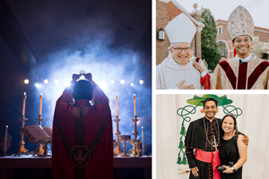 Clockwise from left: Bishop Fernandes celebrates Mass on Pentecost Sunday in Damascus. The bishop-elect is shown at his ordination. Bishop Fernandes poses with diocesan photographer Abby Pitones.