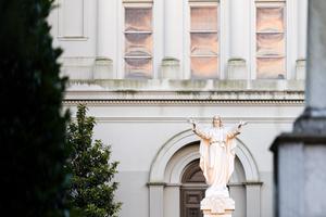 A statue of the Sacred Heart of Jesus is seen near St. Louis Cathedral in New Orleans.