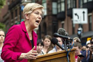 Sen. Elizabeth Warren, D-Mass., addresses the public during a rally to protest the Supreme Court’s overturning of Roe v. Wade at the Massachusetts State House in Boston on June 24.