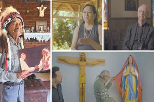 Clockwise from left: Elder Lawrence, 86, holds a picture of him meeting Pope John Paul II at the Vatican in 1982. Lawrence was there to represent his Indigenous community. Karen Wildcat hopes the papal visit will bring healing; Archbishop Richard Smith of Edmonton discusses the trip, which he coordinated on a national level. Elder Fernie Marty references a statue of Mary dressed in Native attire as he speaks with EWTN’s Colm Flynn. Clockwise from left: Elder Lawrence, 86, holds a picture of him meeting Pope John Paul II at the Vatican in 1982. Lawrence was there to represent his Indigenous community. Karen Wildcat hopes the papal visit will bring healing; Archbishop Richard Smith of Edmonton discusses the trip, which he coordinated on a national level. Elder Fernie Marty references a statue of Mary dressed in Native attire as he speaks with EWTN’s Colm Flynn.