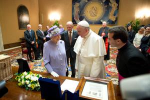 Pope Francis meets with Queen Elizabeth II in Vatican City during April 2014.