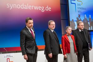From left, the leadership of the German Synodal way: Thomas Söding; Bishop Georg Bätzing, the president of the German Catholic bishops' conference, Irme Stetter-Karp, the new president of the Central Committee of German Catholics (ZdK) and Bishop Franz-Josef Bode stand for a photo before the opening meeting of the Synodal Way Feb. 3 in Frankfurt.