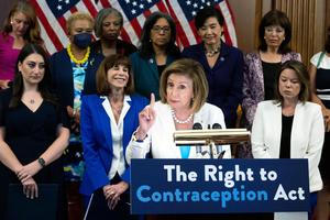 Speaker of the House Nancy Pelosi (D-CA) speaks alongside Democratic women members of Congress about the House vote of HR 8373, the “Right to Contraception Act,” at the U.S. Capitol in Washington, DC, on Wednesday. Speaker of the House Nancy Pelosi (D-CA) speaks alongside Democratic women members of Congress about the House vote of HR 8373, the “Right to Contraception Act,” at the U.S. Capitol in Washington, DC, on Wednesday.