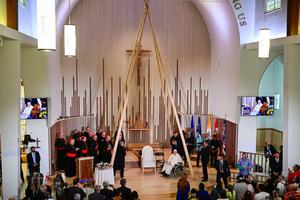 Pope Francis arrives at the Sacred Heart Church of the First Peoples to meet with members of the Indigenous community in Edmonton, Alberta, Canada, on July 25, 2022.