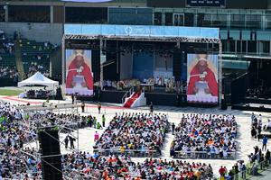 Pope Francis participates in an open-air Mass at Commonwealth Stadium in Edmonton, Canada, on July 26, 2022.