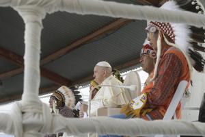 Pope Francis visits the church dedicated to Our Lady of the Seven Sorrows July 25, where he blessed a banner with the names of children from residential schools. Then he prayed privately in Maskwacis Cemetery.