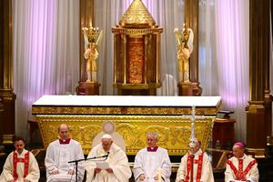 Pope Francis gives his homily as he celebrates Mass at the National Shrine of Sainte-Anne-de-Beaupré in Quebec, Canada, on July 28, 2022.