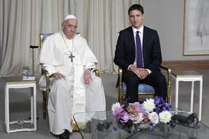 Pope Francis meets with Prime Minister Justin Trudeau of Canada at the Citadelle during his visit to Quebec City July 27.