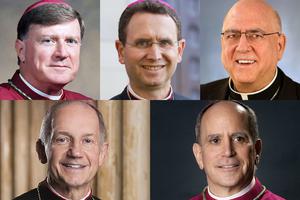 Top (l to r): Bishop Robert McManus, Bishop Andrew Cozzens and Archbishop Joseph Naumann. Bottom: Bishop Thomas Paprocki and Archbishop Samuel Aquila.