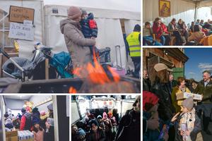 Clockwise from top left: A mother and child stand by a fire outside the initial Knights of Columbus ‘mercy huts’ in Hrebenne, Poland, on March 5. Ukrainian women rest, get warm and contact loved ones from a K of C tent in Hrebenne after crossing the border March 5. Members of the Knights of Columbus in Poland assembled more than 10,000 Easter care packages, which were distributed to displaced families in Ukraine during Holy Week to help them celebrate Easter. Supreme Knight Patrick Kelly was on the ground to help with the distribution. Cross Catholic Outreach and its partners have also aided the refugees throughout the war. Clockwise from top left: A mother and child stand by a fire outside the initial Knights of Columbus ‘mercy huts’ in Hrebenne, Poland, on March 5. Ukrainian women rest, get warm and contact loved ones from a K of C tent in Hrebenne after crossing the border March 5. Members of the Knights of Columbus in Poland assembled more than 10,000 Easter care packages, which were distributed to displaced families in Ukraine during Holy Week to help them celebrate Easter. Supreme Knight Patrick Kelly was on the ground to help with the distribution. Cross Catholic Outreach and its partners have also aided the refugees throughout the war.