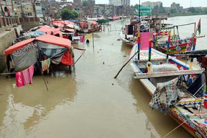 View of stagnant water after low-level flood at Indus River while flood water entered riverside settlements, showing negligence of authorities on Aug. 22, 2022 in Sukkur.