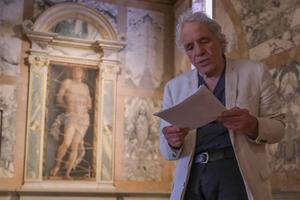 American actor and director Abel Ferrara reads Gabriele Tinti's poems at the Giorgio Franchetti Gallery at Ca' d'Oro on August 22, 2022 in Venice, Italy.