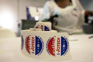 Voting stickers sit on a a table during Primary Election Day on Aug. 23, 2022 in New York. 