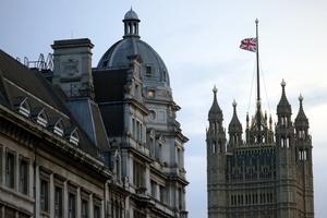 The Union flag is lowered at the Houses of Parliament in London following the death of Queen Elizabeth II today.