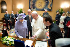 Pope Francis meets with Queen Elizabeth II in Vatican City during April 2014.