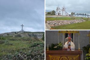 Clockwise from left: A cross on a hillside and the Marian shrine of Our Lady, Queen of Peace, are beacons of hope and peace. Metropolitan Archbishop Tomasz Peta of the Archdiocese of St. Mary in Nur-Sultan is shown giving a blessing. 