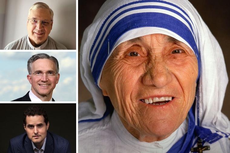 Left side: Top to bottom: Father Brian Kolodiejchuk, the postulator for Mother Teresa's canonization cause; Supreme Knight Patrick Kelly of the Knights of Columbus; and director David Naglieri; also shown, at right: an image of Mother Teresa, the subject of the new documentary. 