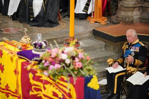 King Charles III reacts during the state funeral of Queen Elizabeth II at Westminster Abbey on Sept. 19 in London. 