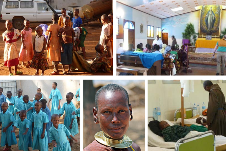 (Clockwise from Left) Orphans gather outside a school. Catholics attend Mass at a chapel.  A hospital with 15 beds in Gehandu. A woman of the Barabaig tribe. The high mortality rate of AIDS in Tanzania makes many children orphans.