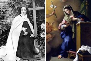 Left: St. Thérèse holds lilies for a portrait taken between 1888 and 1897. Right: Paolo de Matteis, “Annunciation,” 1712. Left: St. Thérèse holds lilies for a portrait taken between 1888 and 1897. Right: Paolo de Matteis, “Annunciation,” 1712.