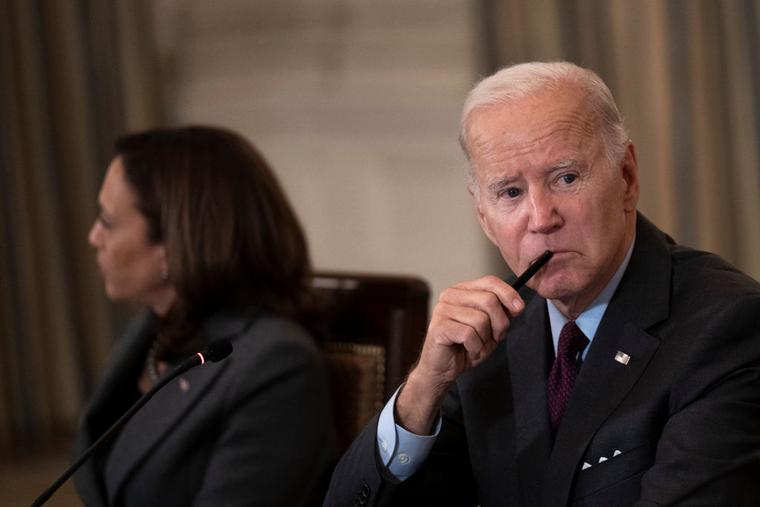 !00 Days Since Dobbs: Vice President Kamala Harris and President Joe Biden attend a meeting of the Task Force on Reproductive Healthcare Access in the State Dining Room of the White House October 4, 2022 in Washington, DC. 