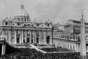 View of the procession of the Council Fathers Oc. 11, 1962 in front of Saint Peter's Basilica at the Vatican, at the opening of the first session of the Second Vatican Council. View of the procession of the Council Fathers Oc. 11, 1962 in front of Saint Peter's Basilica at the Vatican, at the opening of the first session of the Second Vatican Council.