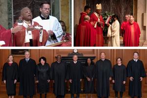 (Clockwise from Left) Cardinal Wilton Gregory celebrates the Red Mass at St. Matthew's Cathedral in Washington, D.C. Oct. 2, 2022. In attendance were Supreme Court Chief Justice John Roberts, Associate Justice Amy Coney Barrett, and Associate Justice Stephen Breyer (Ret.). Supreme Court justices pose for an official 2022 photo. (Clockwise from Left) Cardinal Wilton Gregory celebrates the Red Mass at St. Matthew's Cathedral in Washington, D.C. Oct. 2, 2022. In attendance were Supreme Court Chief Justice John Roberts, Associate Justice Amy Coney Barrett, and Associate Justice Stephen Breyer (Ret.). Supreme Court justices pose for an official 2022 photo.