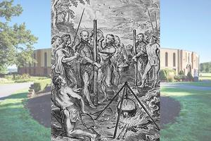 Background: The Shrine of the North American Martyrs in Auriesville, New York. Foreground: 1740 drawing of the martyrdom of Sts. Jean de Brébeuf and Gabriel Lalémant.
Background: The Shrine of the North American Martyrs in Auriesville, New York. Foreground: 1740 drawing of the martyrdom of Sts. Jean de Brébeuf and Gabriel Lalémant.