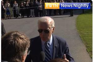 President Joe Biden responds to EWTN White House correspondent Owen Jensen on Oct. 20.