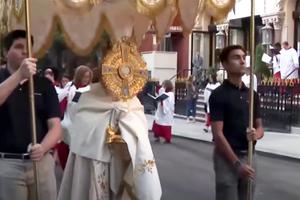 Father Roger Landry leads a Eucharistic procession as it departs Sacred Heart of Jesus Church in New York City on Oct. 11. Father Roger Landry leads a Eucharistic procession as it departs Sacred Heart of Jesus Church in New York City on Oct. 11.
