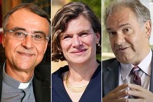 Recent Pontifical Academy for Life appointees Msgr. Philippe Bordeyne (l), Mariana Mazzucato and Roberto Dell’Oro (r)