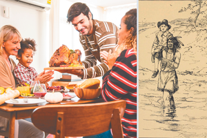 St. Paul reminds us, ‘In all circumstances give thanks, for this is the will of God for you in Christ Jesus’ (1 Thessalonians 5:18). Above right, Tisquantum, also known as Squanto, is depicted in a 1922 storybook for children carrying John Billington, a young Pilgrim, after he was found lost in the woods. St. Paul reminds us, ‘In all circumstances give thanks, for this is the will of God for you in Christ Jesus’ (1 Thessalonians 5:18). Above right, Tisquantum, also known as Squanto, is depicted in a 1922 storybook for children carrying John Billington, a young Pilgrim, after he was found lost in the woods.