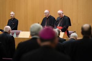 Facing the German bishops in Rome, Nov. 18, 2022: Cardinal Luis Ladaria Ferrer, SJ, prefect of the Dicastery of the Doctrine of the Faith; Cardinal Pietro Parolin, secretary of state; and Cardinal Marc Ouellet, PSS, prefect of the Dicastery of Bishops (from left).