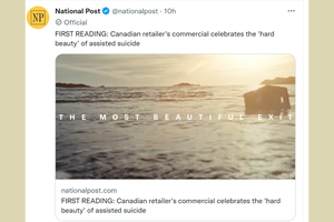 A new ad campaign from a Canadian fashion retailer features a terminally ill woman who ended her life by assisted suicide. The Church teaches that euthanasia is a grave sin. A new ad campaign from a Canadian fashion retailer features a terminally ill woman who ended her life by assisted suicide. The Church teaches that euthanasia is a grave sin.