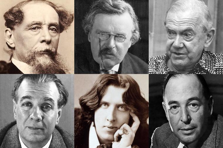 Clockwise, from top left: Charles Dickens, G.K. Chesterton, Graham Greene, C.S. Lewis, Oscar Wilde, Jorge Luis Borges