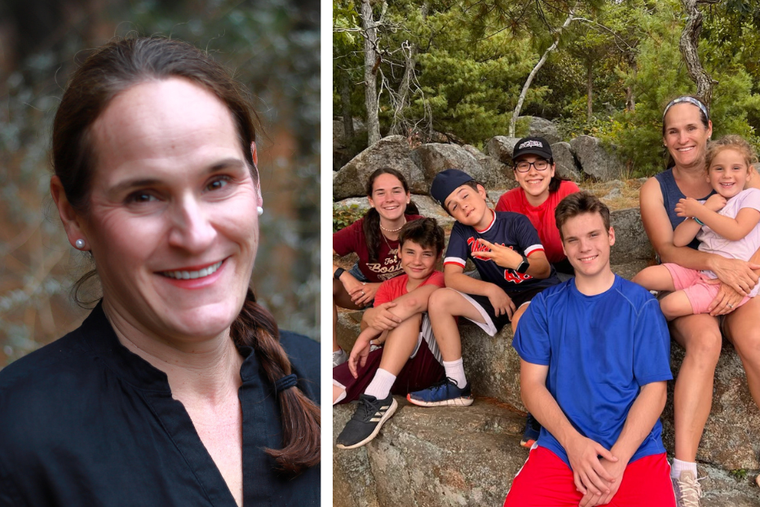 Erika Bachiochi poses with  6 of her 7 kids:
Left to right: Gabriella (age 19), JJ (13), Luke (11), Anna (20), Peter (15), me holding Charlotte (4). Their father was taking the picture, and Lucy (17) is not in the photo. 