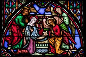 Stained glass depiction of the Nativity in Brussels.