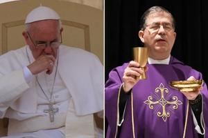 Pope Francis at a Wednesday Papal audience in 2013. Then Father Frank Pavone, celebrating Mass at the Conservative Political Action Conference in February 2021. 