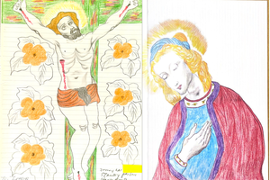 (L-R) Original drawing by Jimmy Lai sent to Principal Robert Loia of the Basilica School of Saint Mary in Alexandria, Virginia, in appreciation of the postcards he received from the school's students.Portrait of the Blessed Mother drawn by Jimmy Lai. (L-R) Original drawing by Jimmy Lai sent to Principal Robert Loia of the Basilica School of Saint Mary in Alexandria, Virginia, in appreciation of the postcards he received from the school's students.Portrait of the Blessed Mother drawn by Jimmy Lai.