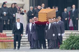 The coffin of Pope Emeritus Benedict XVI is carried into St. Peter's Square prior to his funeral Mass on Jan. 5, 2023.