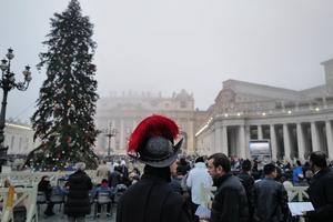 A Pontifical Swiss Guard attends the funeral Mass for Pope Emeritus Benedict XVI in St. Peter's Square on Thursday.