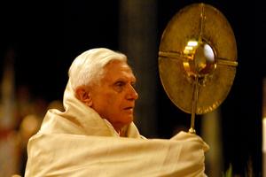 Pope Benedict XVI holds the Blessed Sacrament during a vigil on the eve of the World Youth Day Mass at the Marienfeld on Aug. 20, 2005, in Cologne, Germany. An estimated 900,000 pilgrims came for the final Mass of World Youth Day 2005. Pope Benedict XVI holds the Blessed Sacrament during a vigil on the eve of the World Youth Day Mass at the Marienfeld on Aug. 20, 2005, in Cologne, Germany. An estimated 900,000 pilgrims came for the final Mass of World Youth Day 2005.