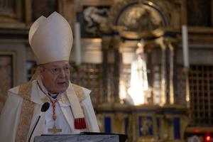 Cardinal George Pell leads Eucharistic adoration and a Eucharistic procession at the Pontifical University of St. Thomas Aquinas (the Angelicum) in Rome on May 18, 2021.