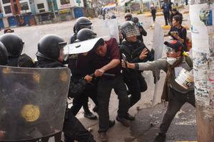 Protesters clash with members of the Peruvian riot police during a demonstration in the city of Cusco, Peru on January 11, 2023. Protesters clash with members of the Peruvian riot police during a demonstration in the city of Cusco, Peru on January 11, 2023.