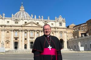 Bishop Georg Bätzing, president of the German bishops’ conference, stands in St. Peter’s Square, June 27, 2020.