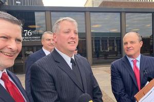 Mark Houck talks to reporters outside the U.S. district courthouse in Philadelphia with his lawyers, Peter Breen (left), Brian McMonagle (right) and Andrew Bath (background), following his acquittal on two charges of violating the FACE Act on Jan. 30. Mark Houck talks to reporters outside the U.S. district courthouse in Philadelphia with his lawyers, Peter Breen (left), Brian McMonagle (right) and Andrew Bath (background), following his acquittal on two charges of violating the FACE Act on Jan. 30.